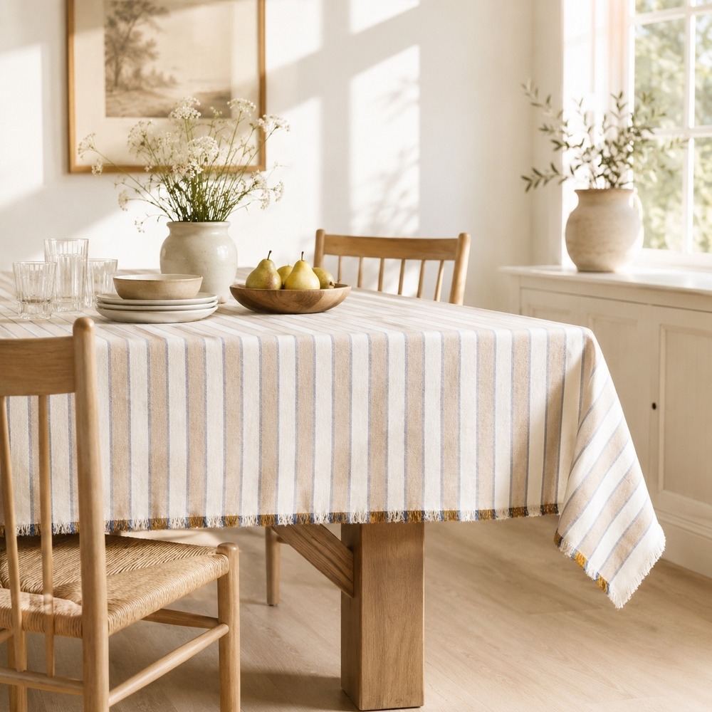 Hearth & Hand Magnolia Striped Oblong Tablecloth 60x84 Fringed Woven Cotton NEW